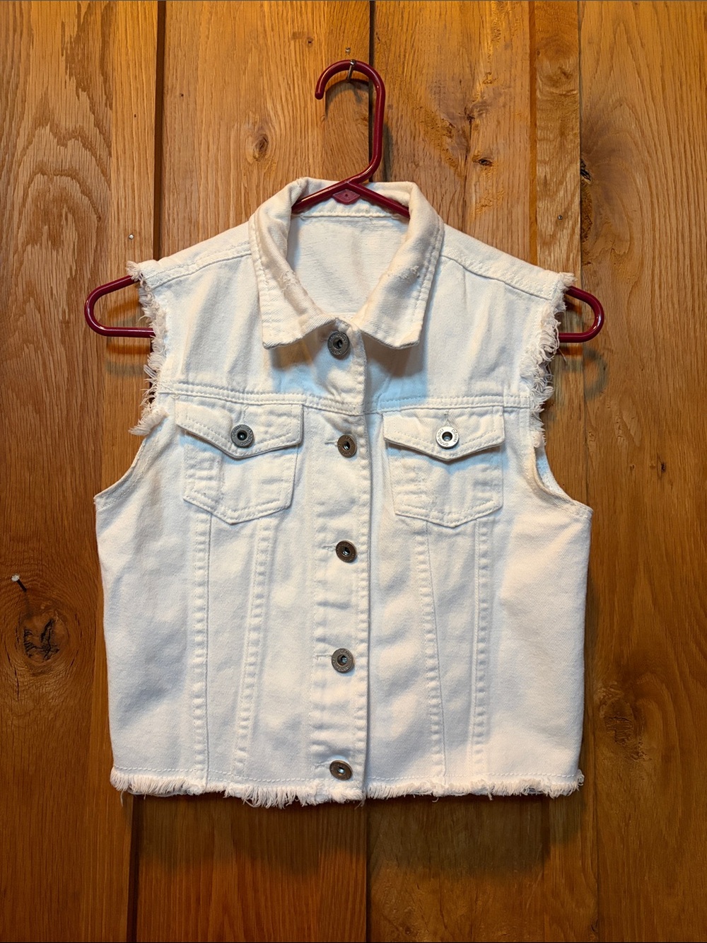 Anna-Kaci White Denim Sleeveless Distressed Jacket, Classic Silver Button-Front